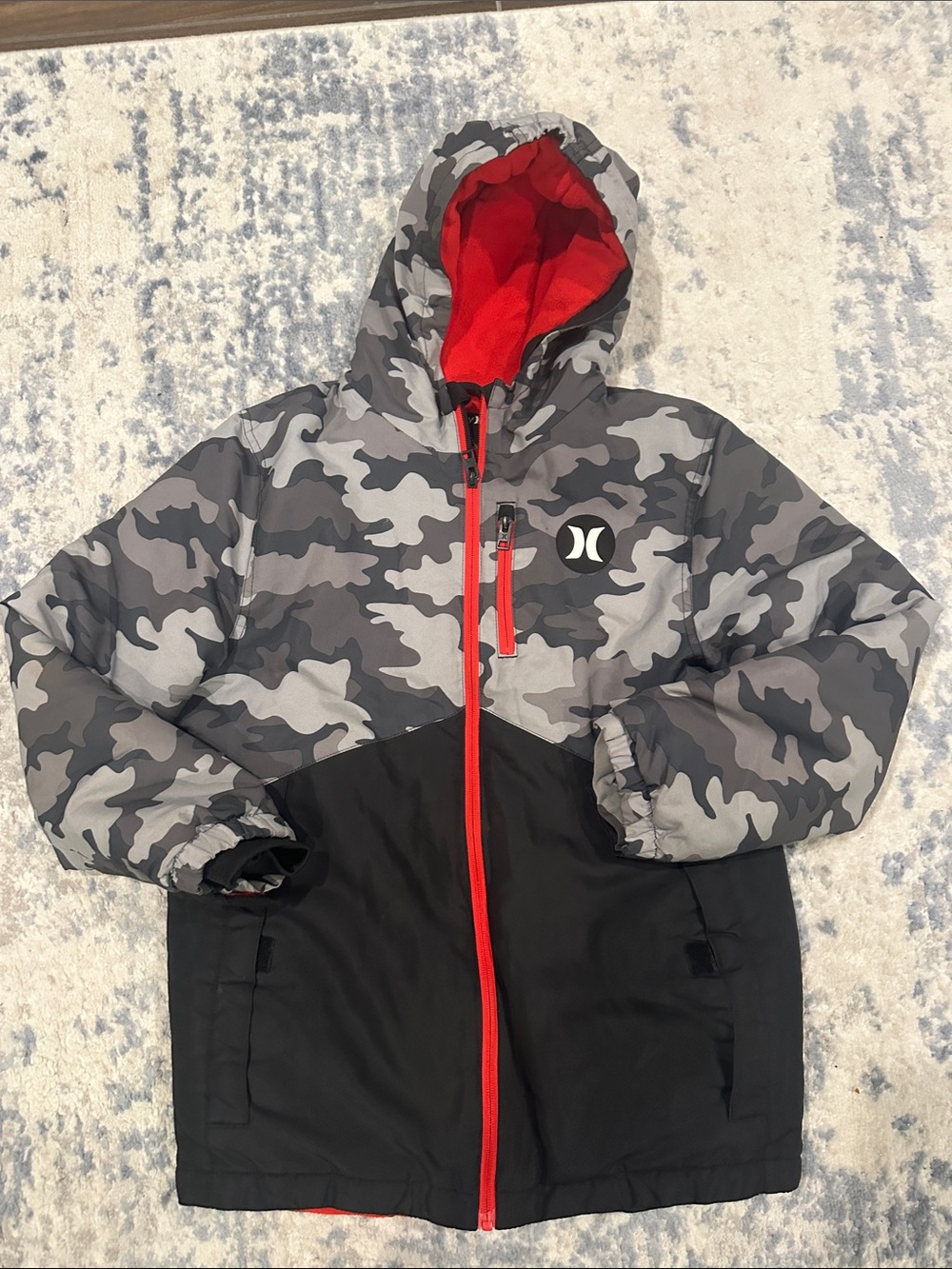 Hurley Boyz Gray Camo & Black Hooded Jacket with Red Accents L (12-13 yrs)
